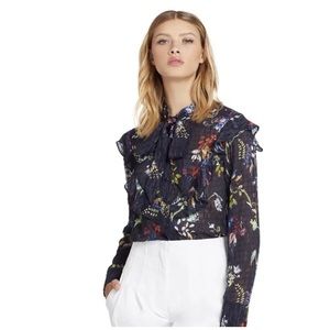 Tanya Taylor Layla Silk Blend Tie Neck Blouse, Navy floral, sz 4 e12